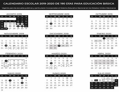 Calendario Escolar 2019-2020 de la SEP (190 días).