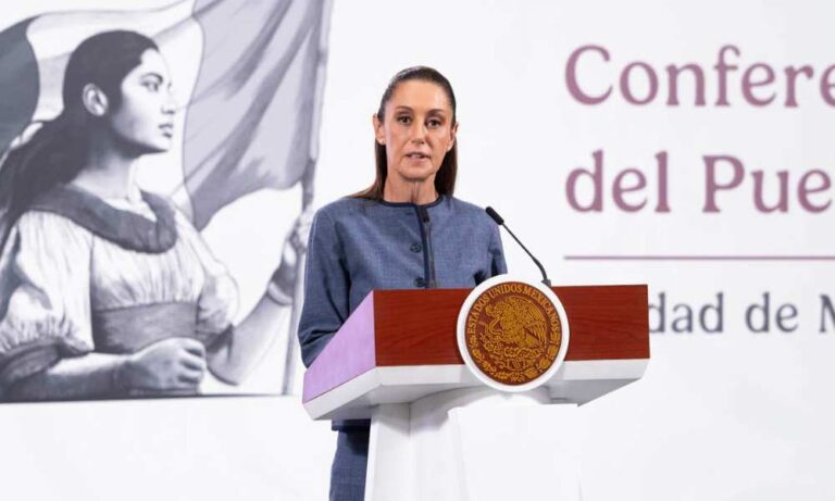Claudia Sheinbaum durante conferencia matutina hablando sobre pensiones del magisterio